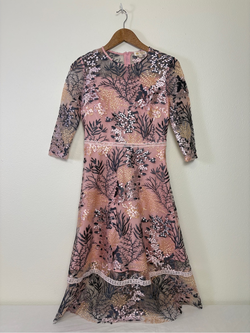 Embroidered Pink Floral Midi Dress Three-Quarter Sleeves Wedding Guest Coquette